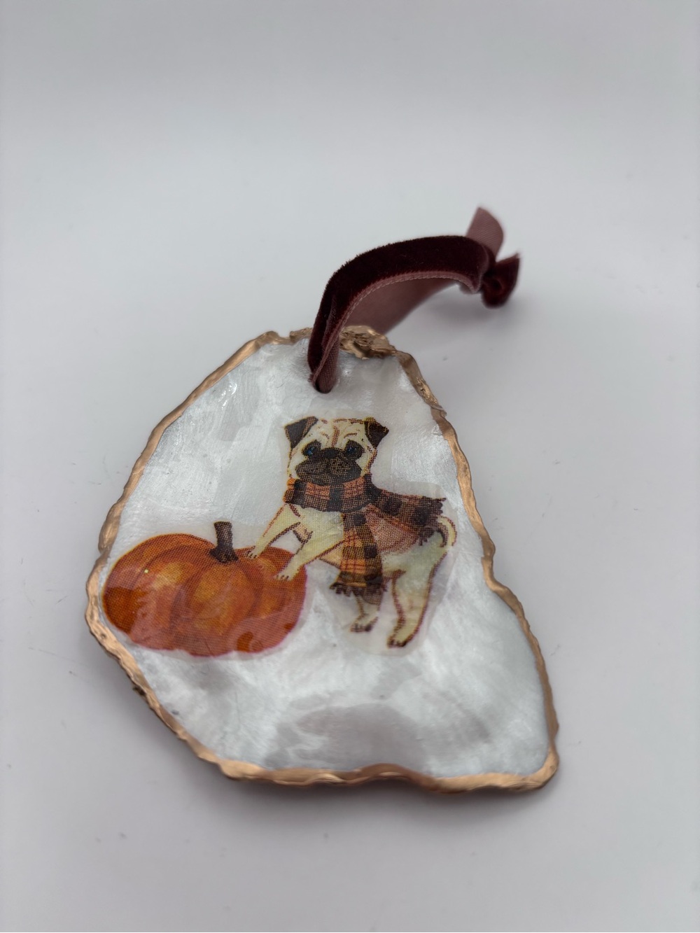 Pug & Pumpkin Velvet Ribbon Holiday Oyster Shell Ornament in Burgundy - Picture 2 of 4